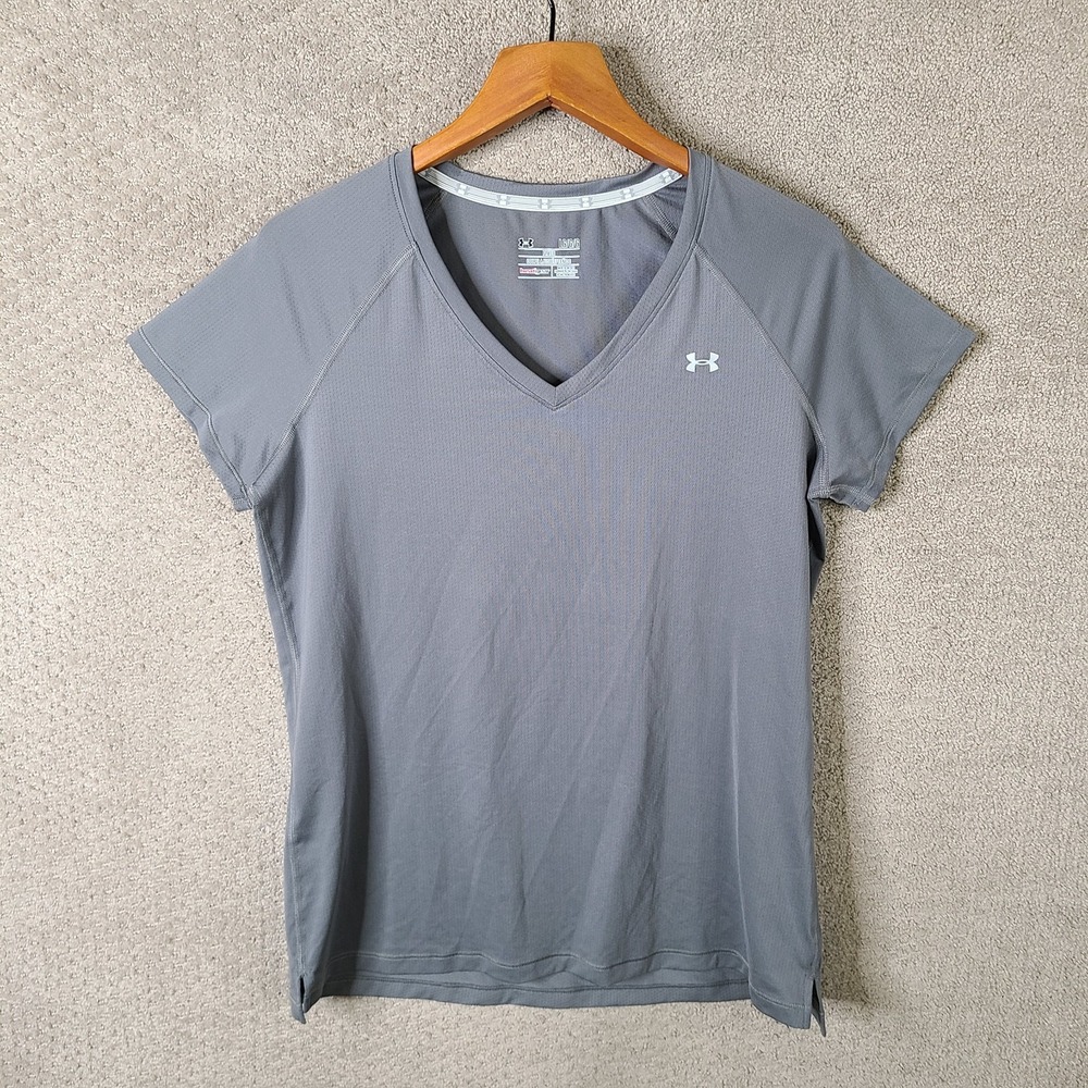 Under Armour Shirt Womens L Gray V Neck Fitted Heatgear Perforated Athletic Top